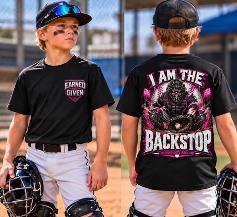 A young catcher in the pink I Am The Backstop tee, front and back