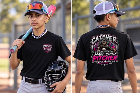 A catcher in the pink Make Your Pitcher Look Good tee, front and back