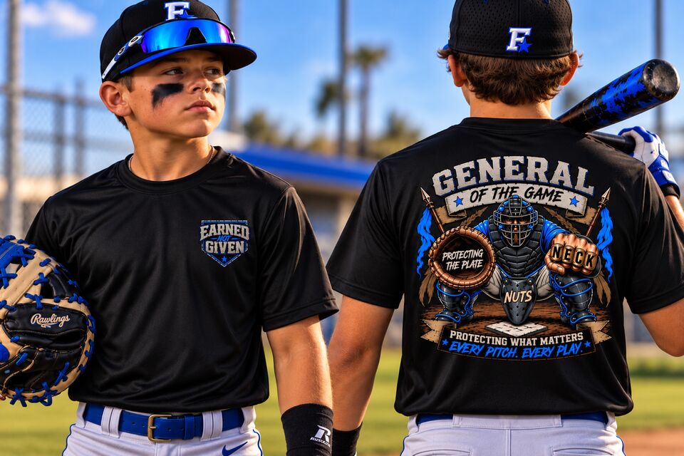Two players walking off the field in black General Of The Game tees, one facing front and one showing the back print
