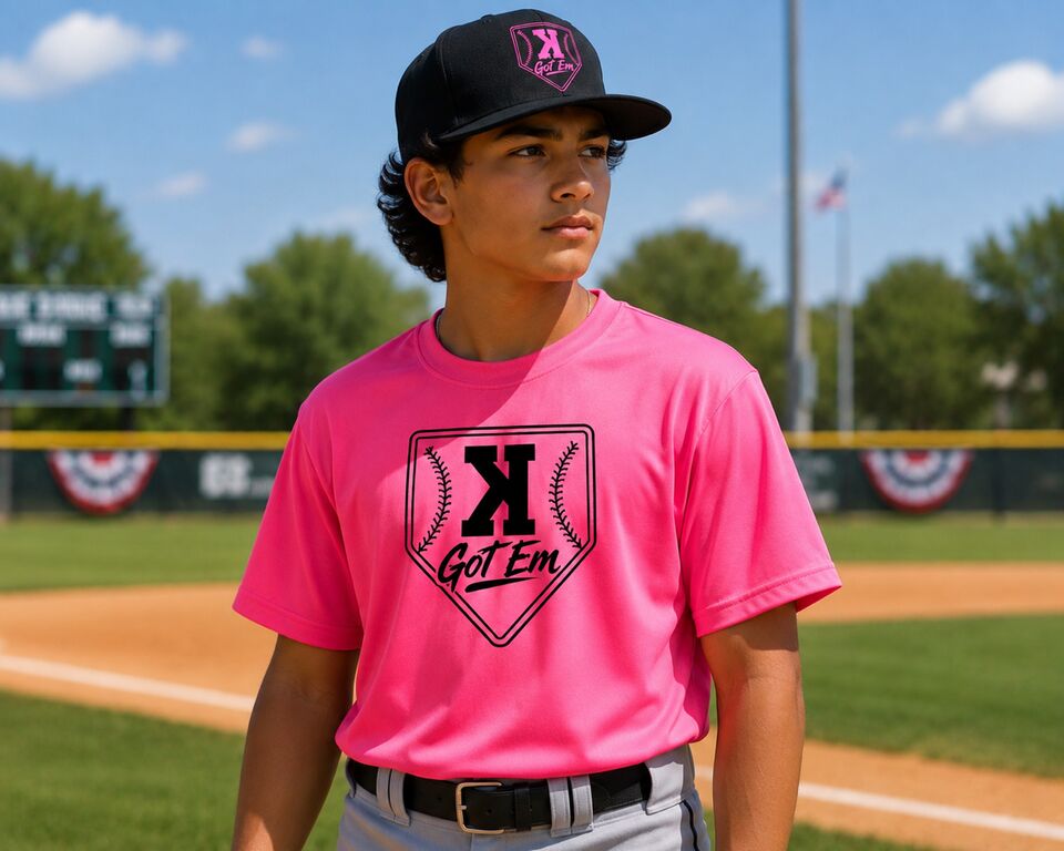 Player in the pink Got 'Em tee on the field