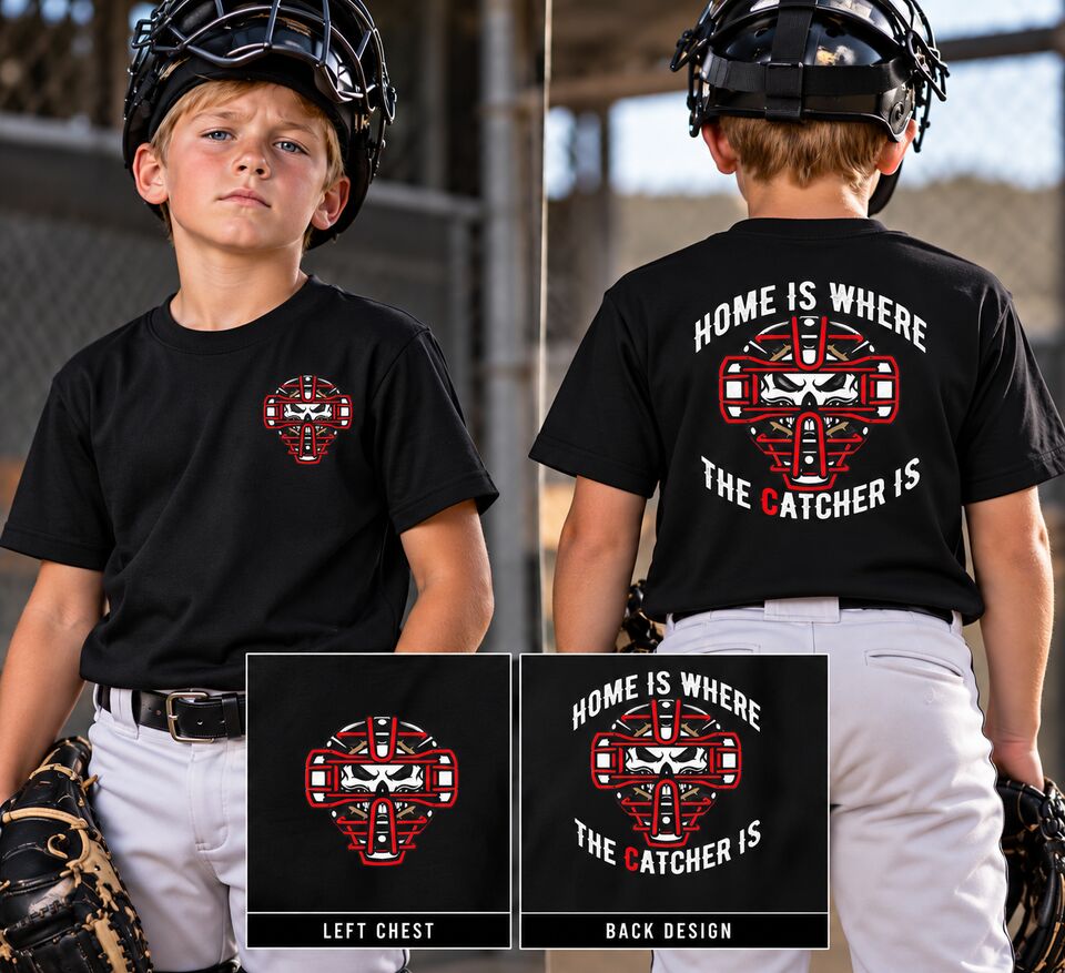 Two young catchers in black Home Is Where The Catcher Is tees, front and back, with the chest and back prints shown below